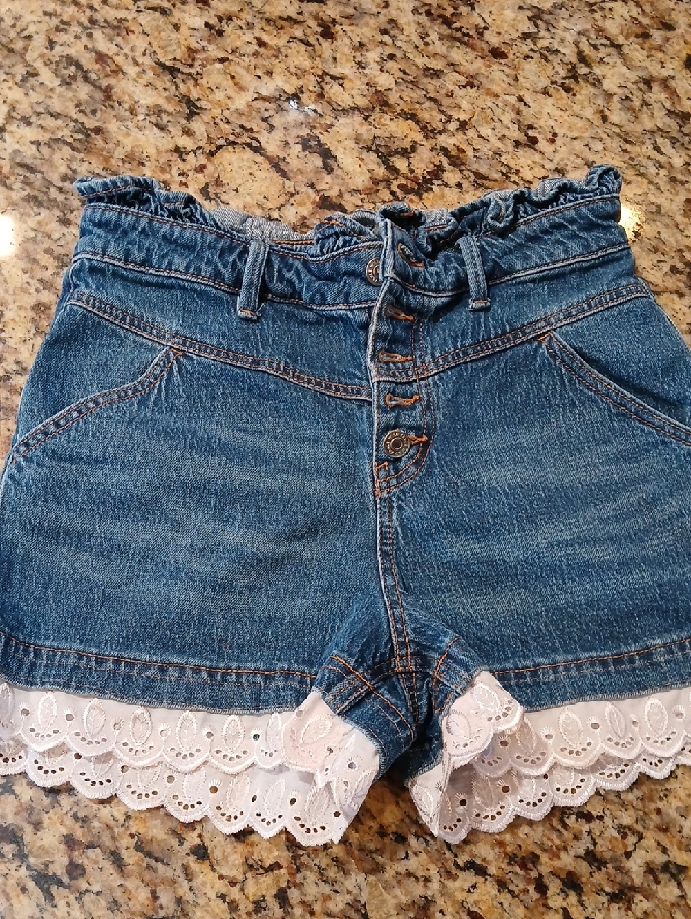Denim Paperbag Shorts with White Eyelet Trim